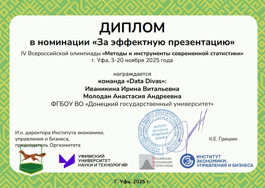 Студенты учетно-финансового факультета награждены дипломом Всероссийской олимпиады по статистике